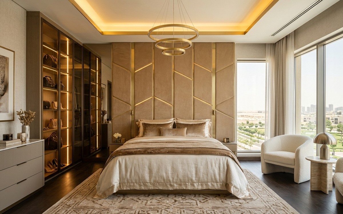 تصميم أجنحة النوم الرئيسية وخزائن الدريسينج الزجاجية بمعايير الضيافة الفندقية (7 نجوم)
