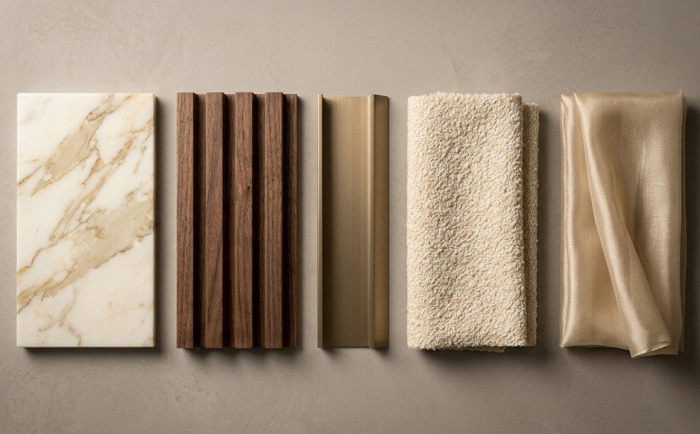 فن بناء لوحة الخامات (Material Moodboard): كيف تنسق الرخام، الخشب، المعادن والأقمشة؟