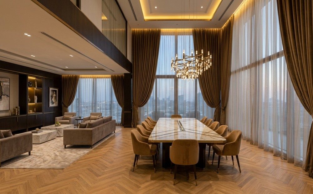 تصميم صالات الطعام الفاخرة: الجدران الحجرية المضاءة خلفياً والثريات النحتية المعلقة